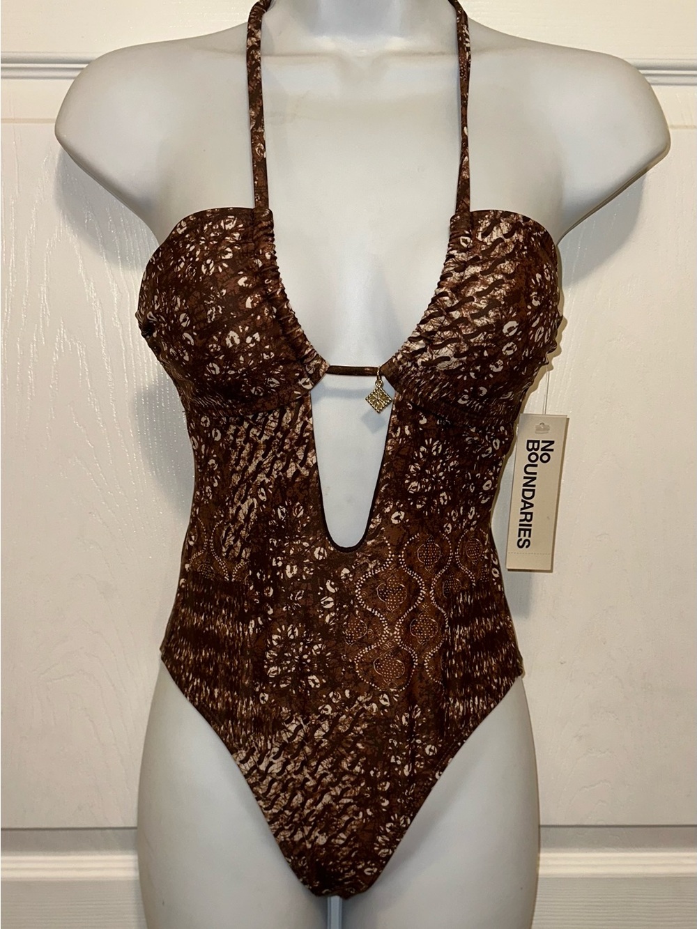 No Boundaries Metallic Brown Boho Halter One-Piece Swimsuit